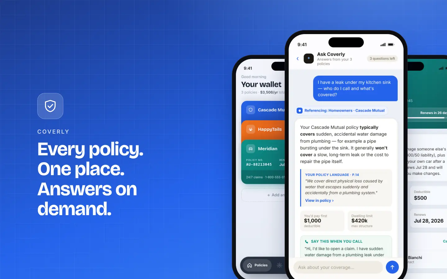 The Coverly shield and wordmark beside three phone screens: a wallet of home, pet and auto policy passes, a plain-English answer about a kitchen-sink leak citing page 14 of the home policy, and an auto policy’s detail page
