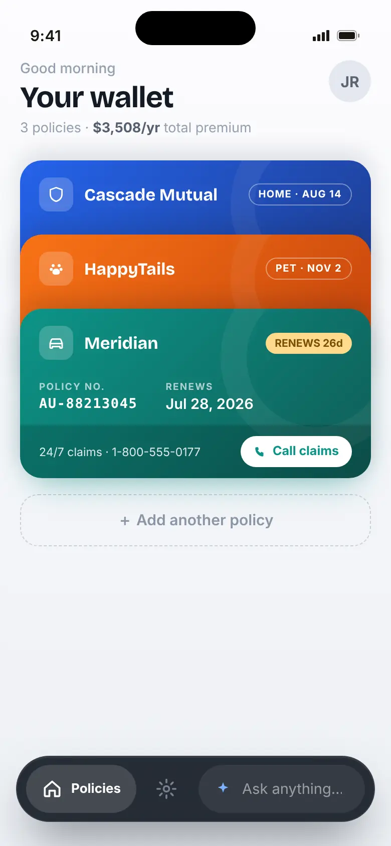 Your wallet: three policies totalling $3,508 a year, stacked passes for Cascade Mutual home and HappyTails pet, and an open Meridian auto pass renewing in 26 days with its policy number and a Call claims button