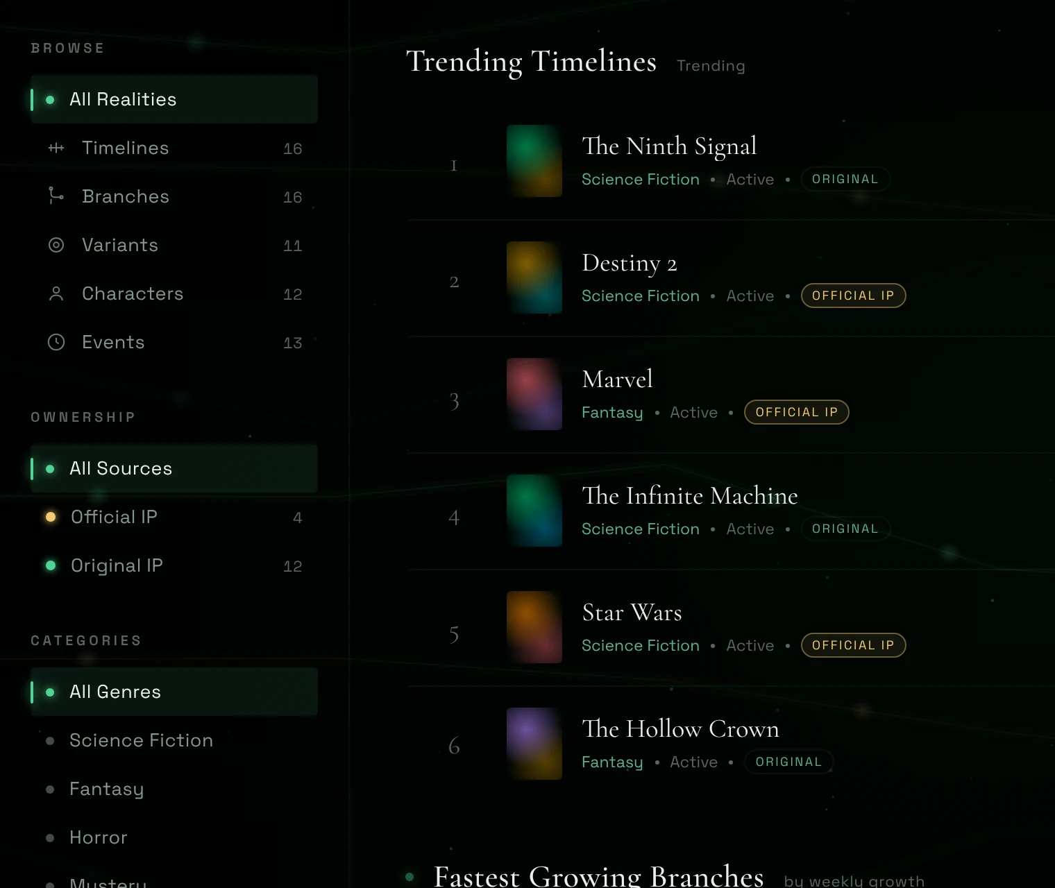 Explore screen: faceted filters with counts beside trending timelines
